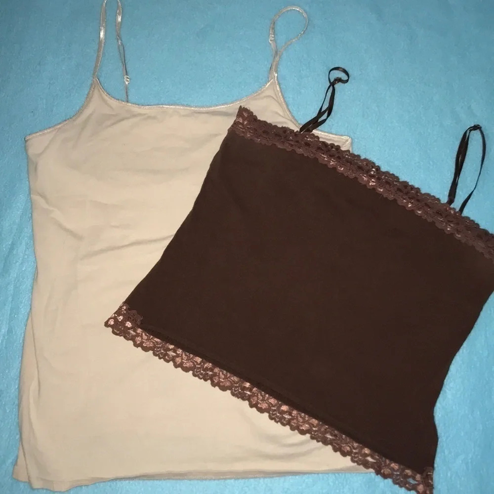 Tank top lot of 2 spaghetti strap built in bra stretchy dark brown tan size XL